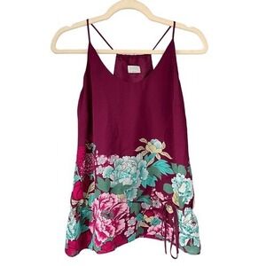 T9 Y2K VTG Oasis Womens 100% Silk Floral Sequin Camisole Top Burgundy
